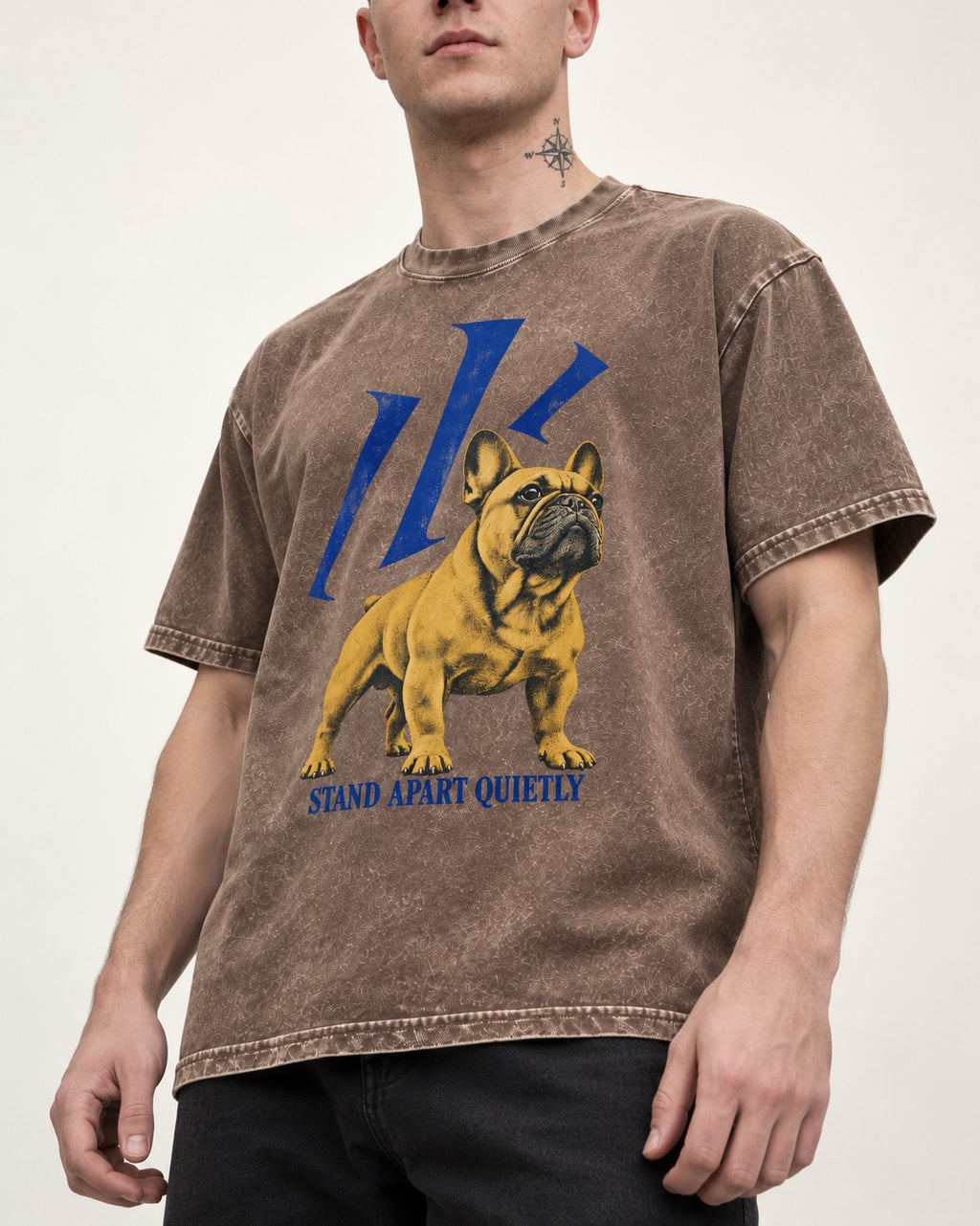 Frenchie Stand Apart Quietly Washed Tee in Coffee, worn by a model, front view