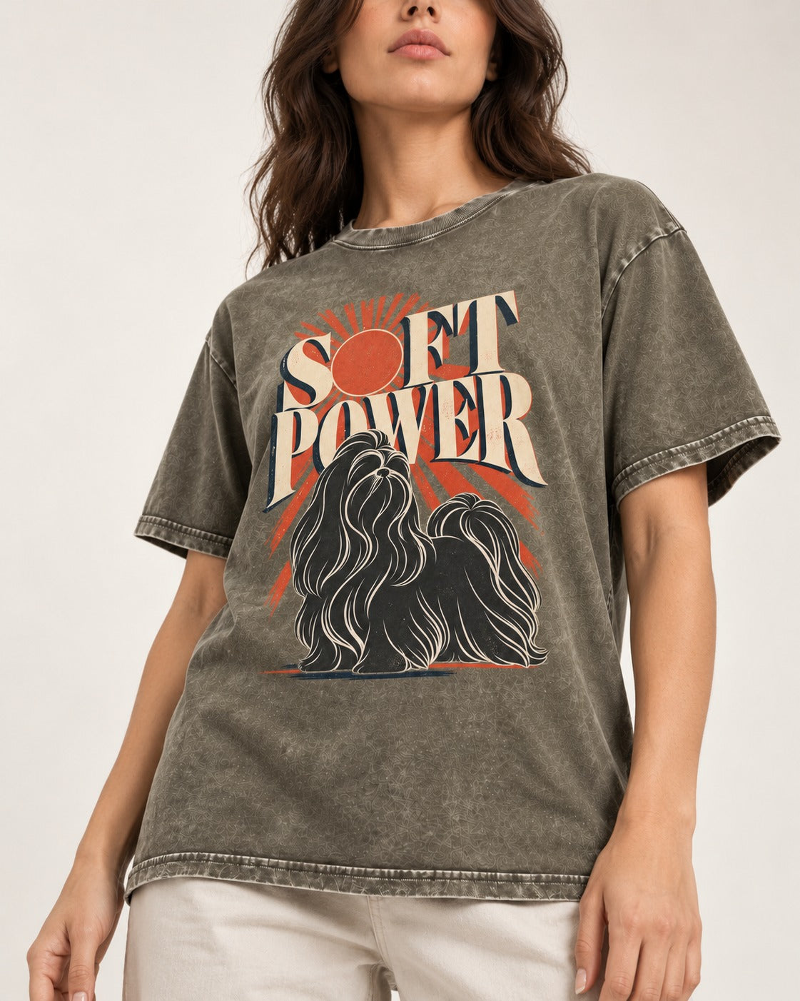 Shih Tzu Soft Power Sunburst Graphic Washed Tee in Army Green, worn by a model, front view