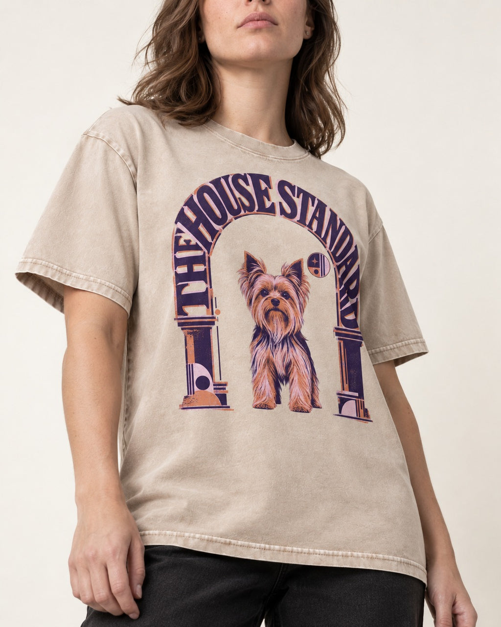 The Yorkshire Terrier House Standard Washed Tee in Apricot, worn by a model, front view