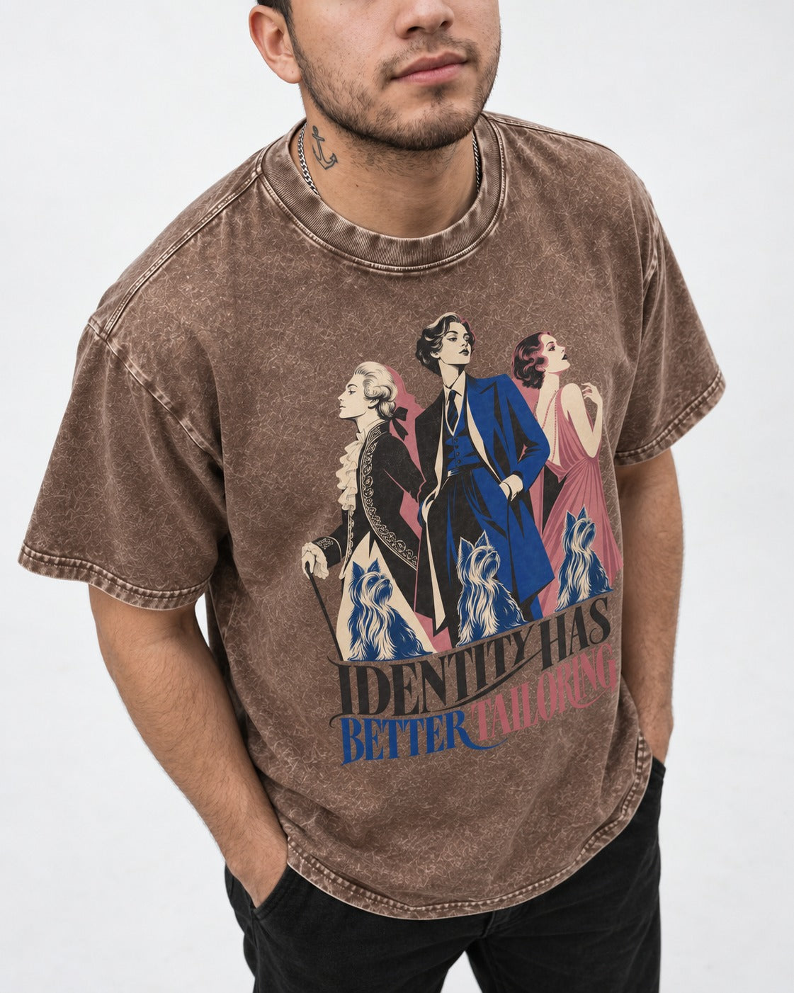 Yorkshire Terrier Identity Has Better Tailoring Washed Tee in Coffee, worn by a model, front view