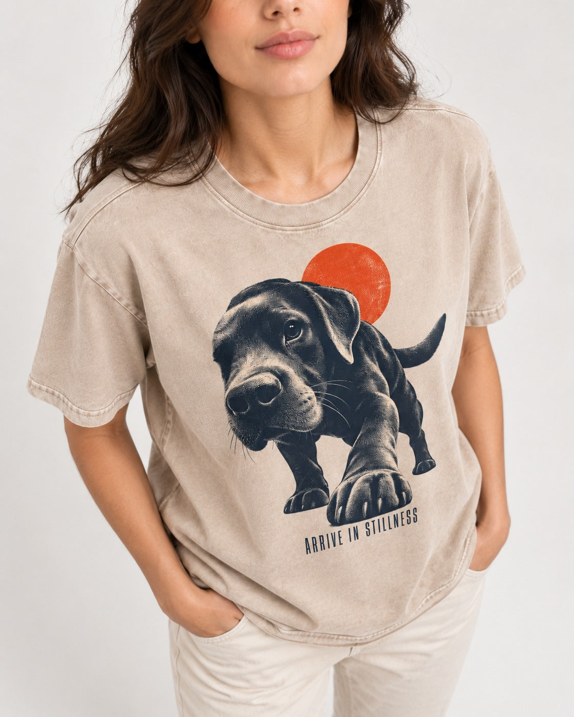 Labrador Retriever Arrive in Stillness Washed Tee in Apricot, worn by a model, front view