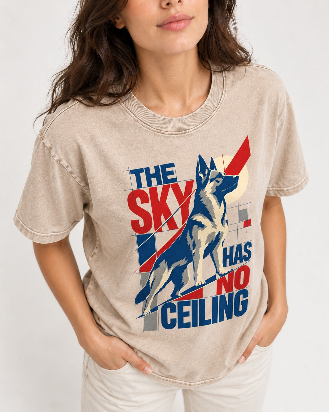 Sky Has No Ceiling German Shepherd Dog Washed Tee in Apricot, worn by a model, front view