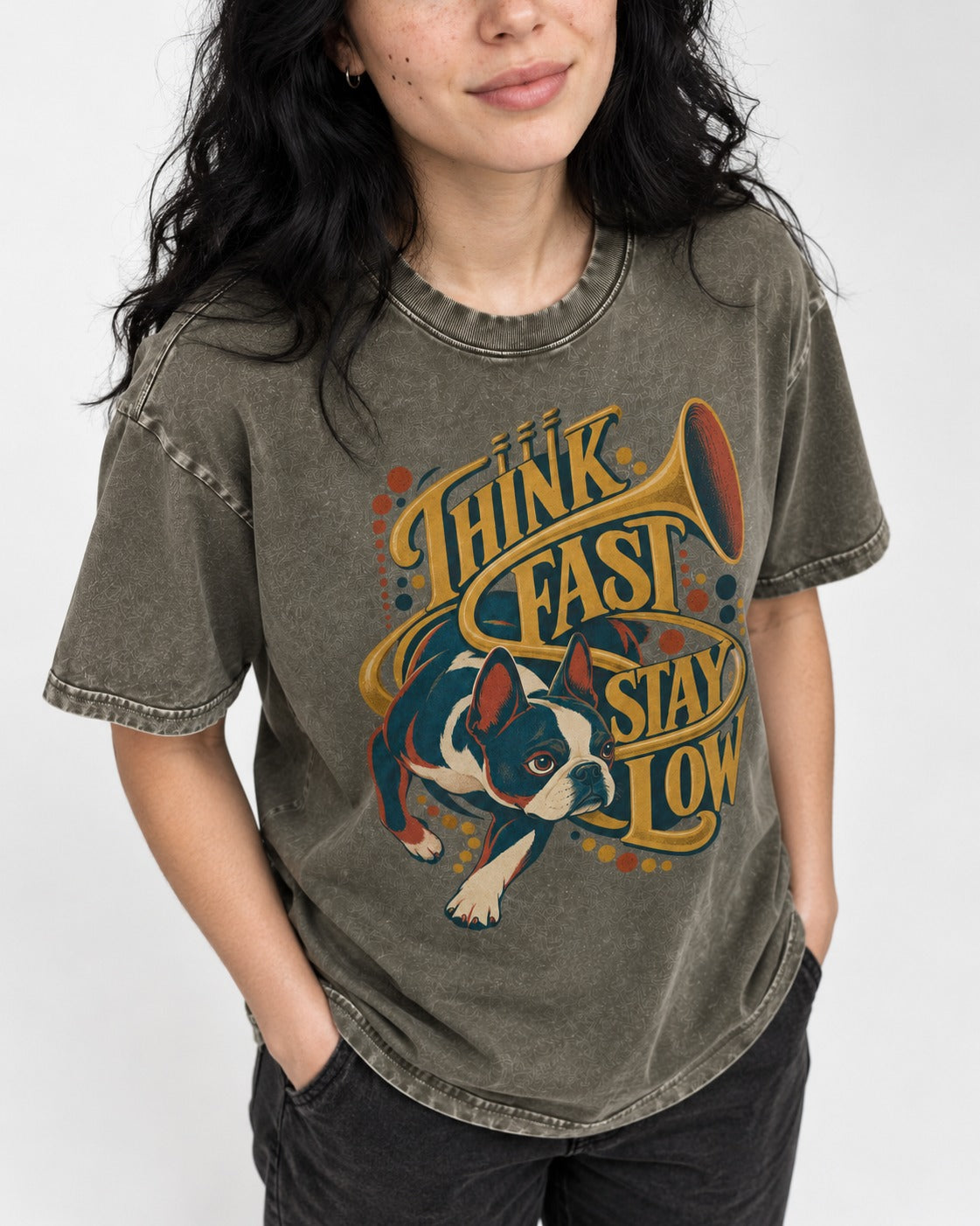 Boston Terrier Think Fast Stay Low Washed Tee in Army Green, worn by a model, front view