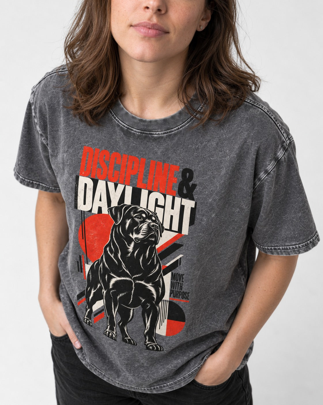 Discipline and Daylight Rottweiler Move With Purpose Washed Tee in Gray, worn by a model, front view