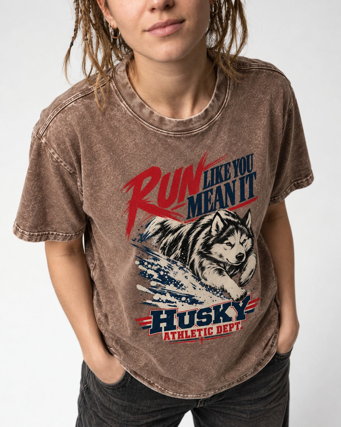 Husky Run with Purpose Washed Tee in Coffee, worn by a model, front view