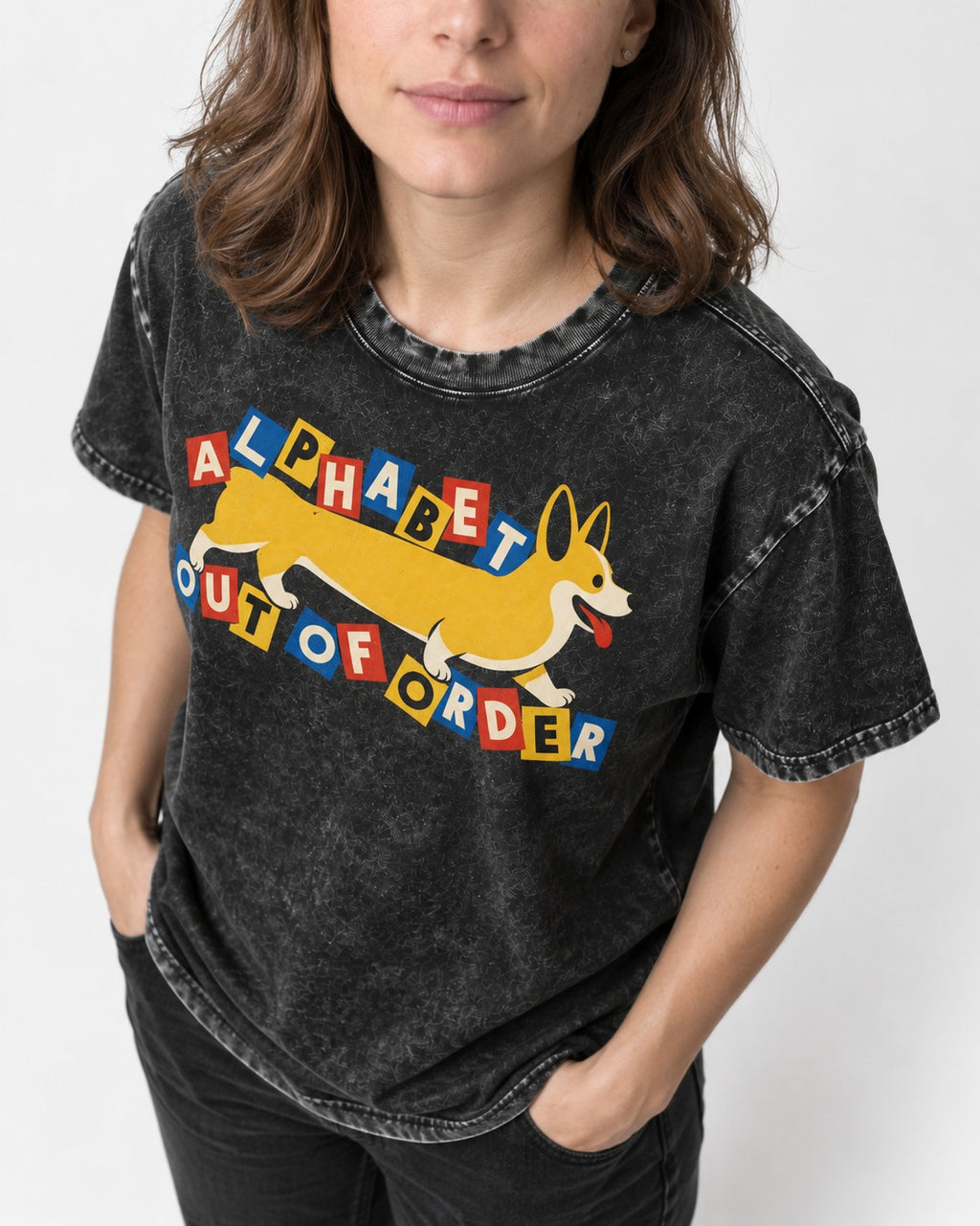 Corgi Alphabet Out of Order Graphic Washed Tee in Black, worn by a model, front view