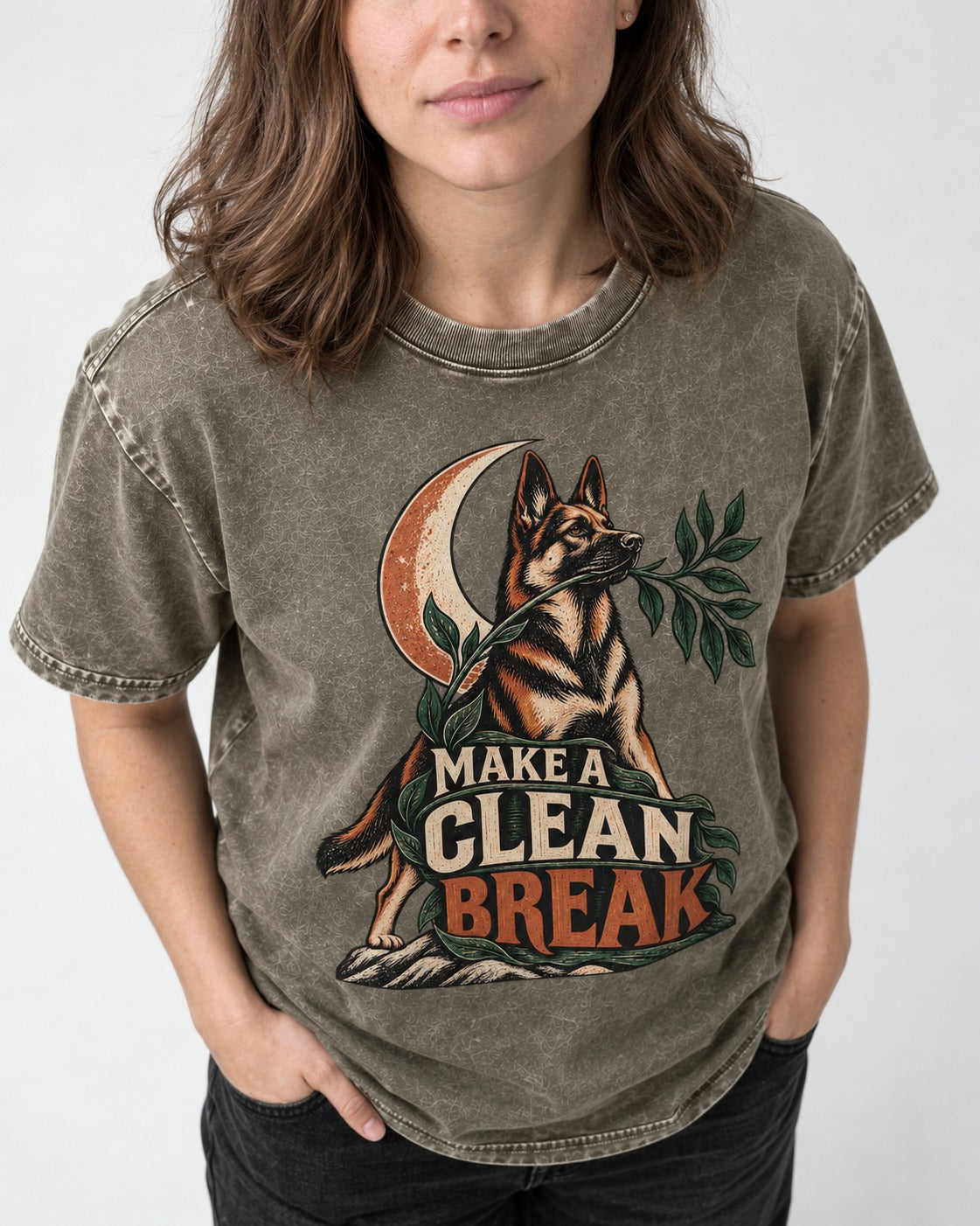 Make A Clean Break Crescent Botanical German Shepherd Dog Graphic Washed Tee in Army Green, worn by a model, front view