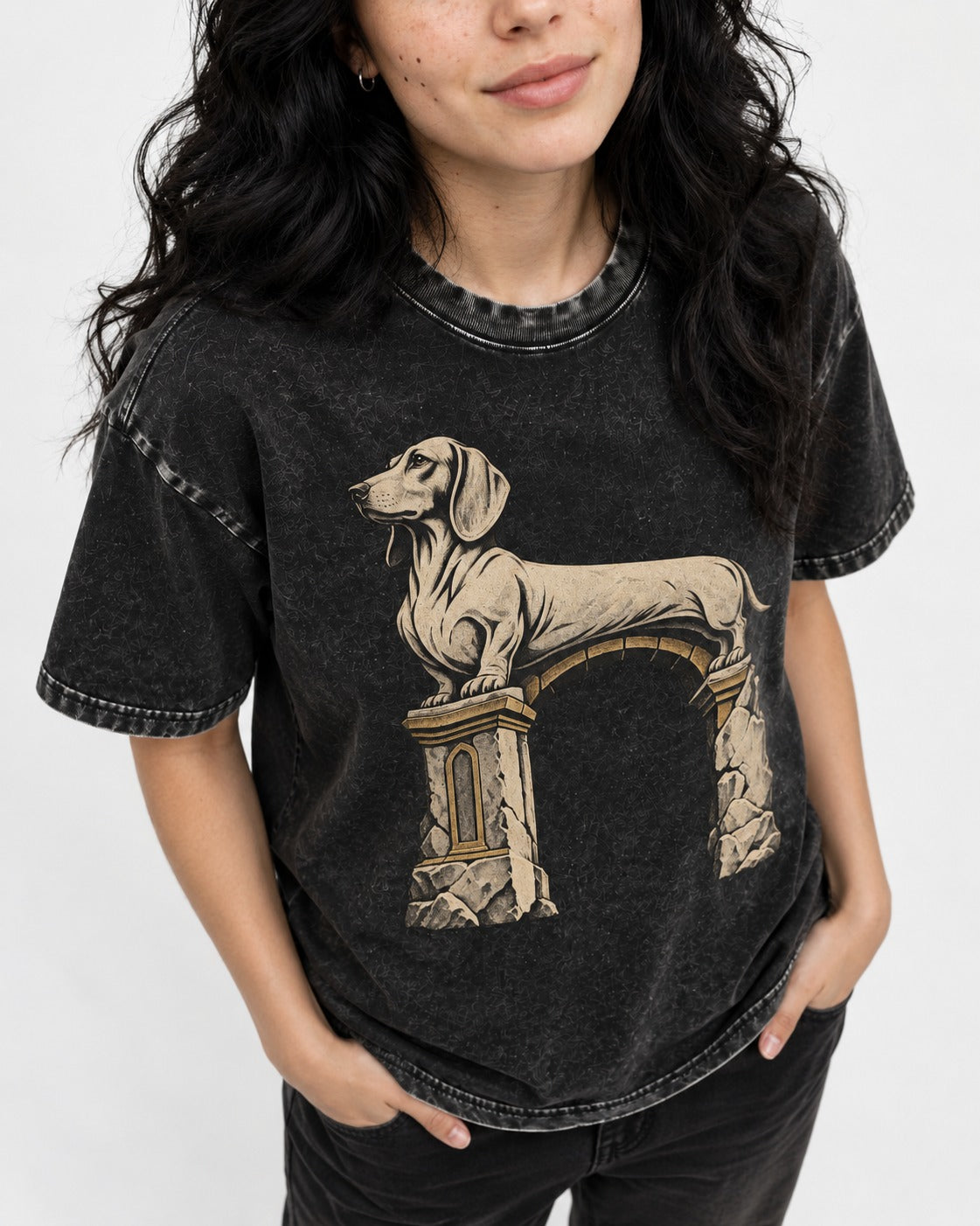 Dachshund Ruined Stone Arch Monument Graphic Washed Tee in Black, worn by a model, front view