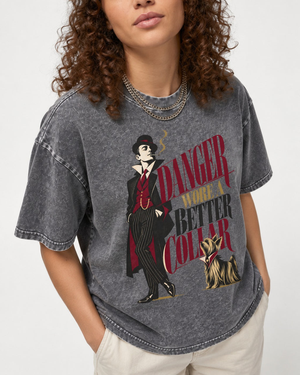 Yorkshire Terrier Danger Wore a Better Collar Art Deco Graphic Washed Tee in Gray, worn by a model, front view
