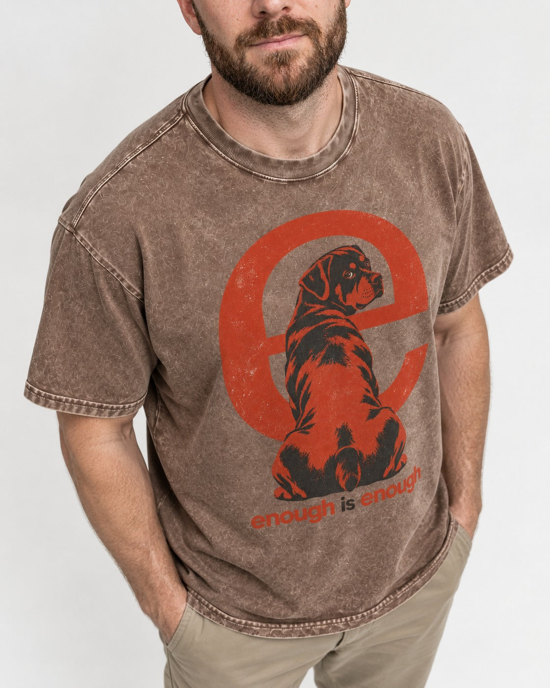 Rottweiler Enough Is Enough Washed Tee in Coffee, worn by a model, front view