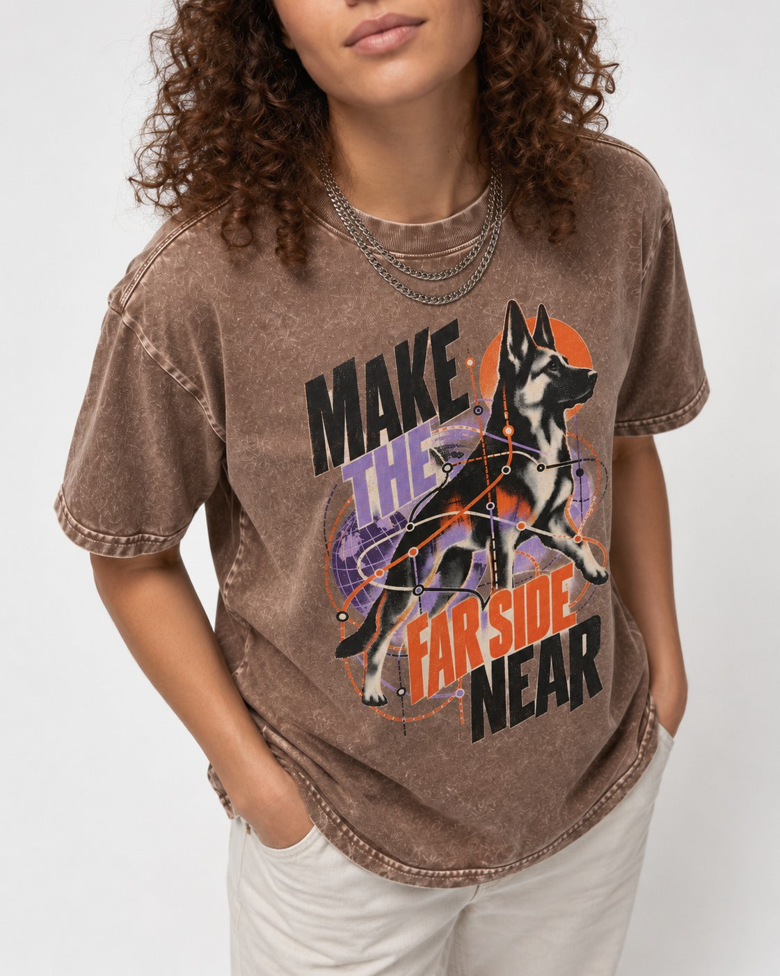 German Shepherd Dog Far Side Near Washed Tee in Coffee, worn by a model, front view