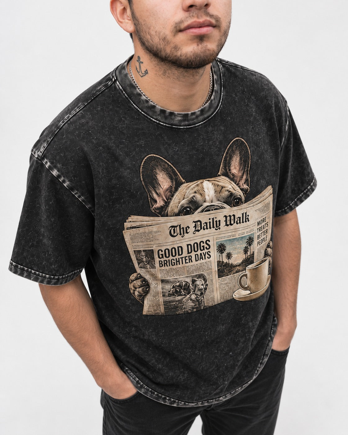 Frenchie Good Dogs Brighter Days Newspaper Graphic Washed Tee in Black, worn by a model, front view