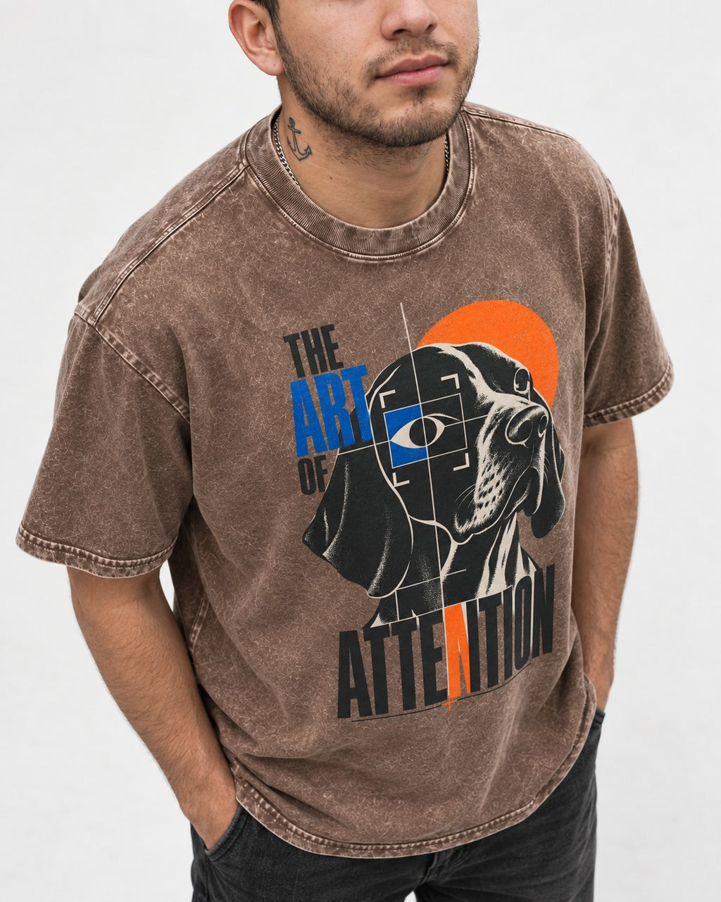German Shorthaired Pointer Attention Washed Tee in Coffee, worn by a model, front view