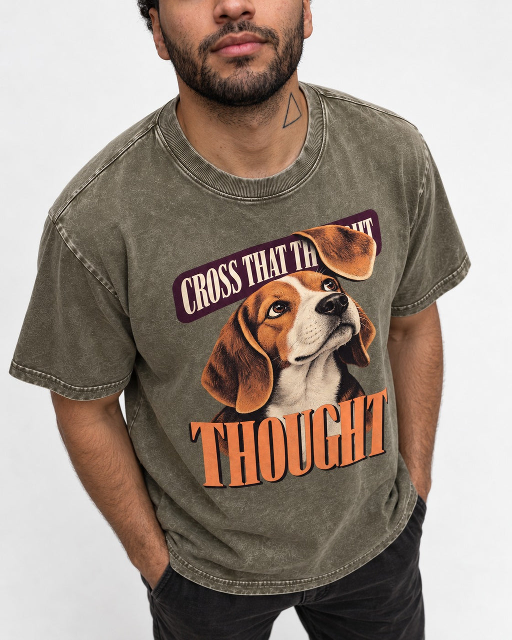 Cross That Beagle Thought Washed Tee in Army Green, worn by a model, front view