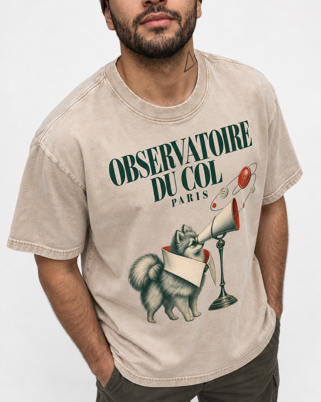 Pomeranian Observatoire Du Col Washed Tee in Apricot, worn by a model, front view