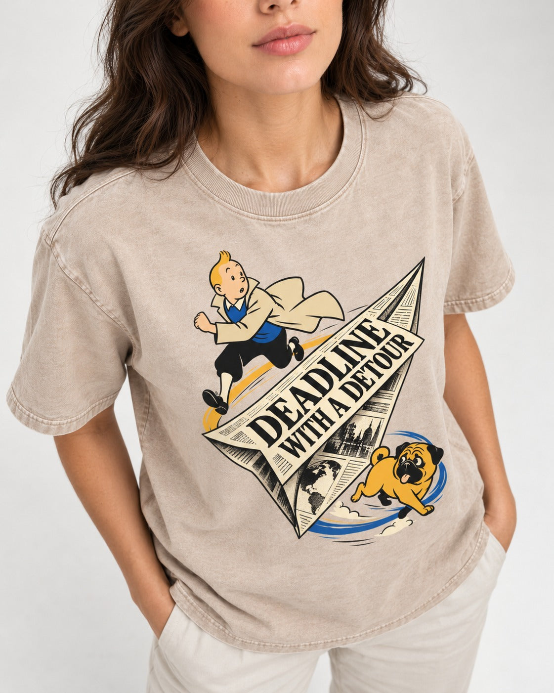 Deadline with a Pug Detour Washed Tee in Apricot, worn by a model, front view