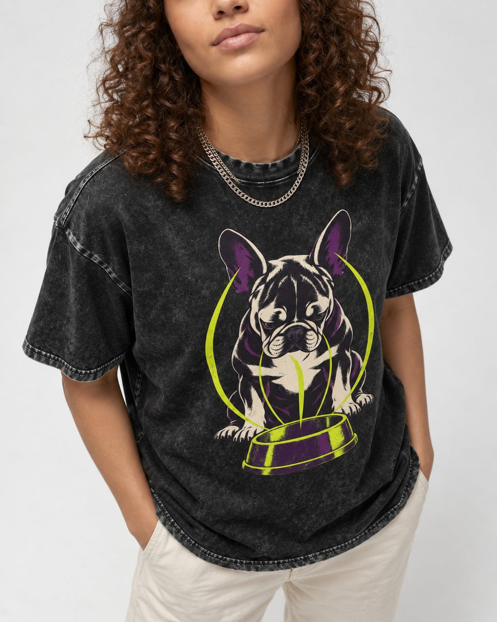 Frenchie Bowl Gravity Graphic Washed Tee in Black, worn by a model, front view