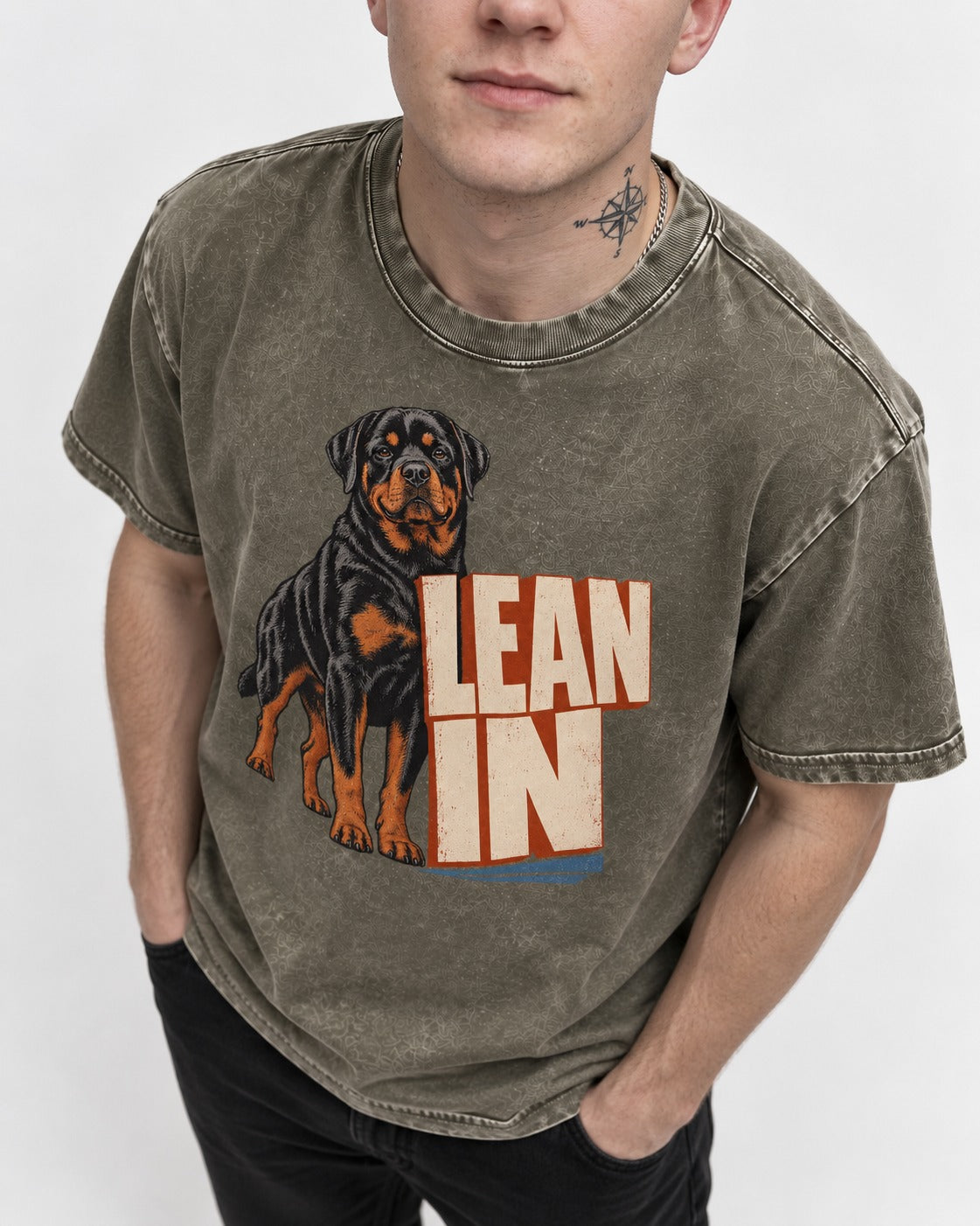 Rottweiler Lean In Block Typography Graphic Washed Tee in Army Green, worn by a model, front view