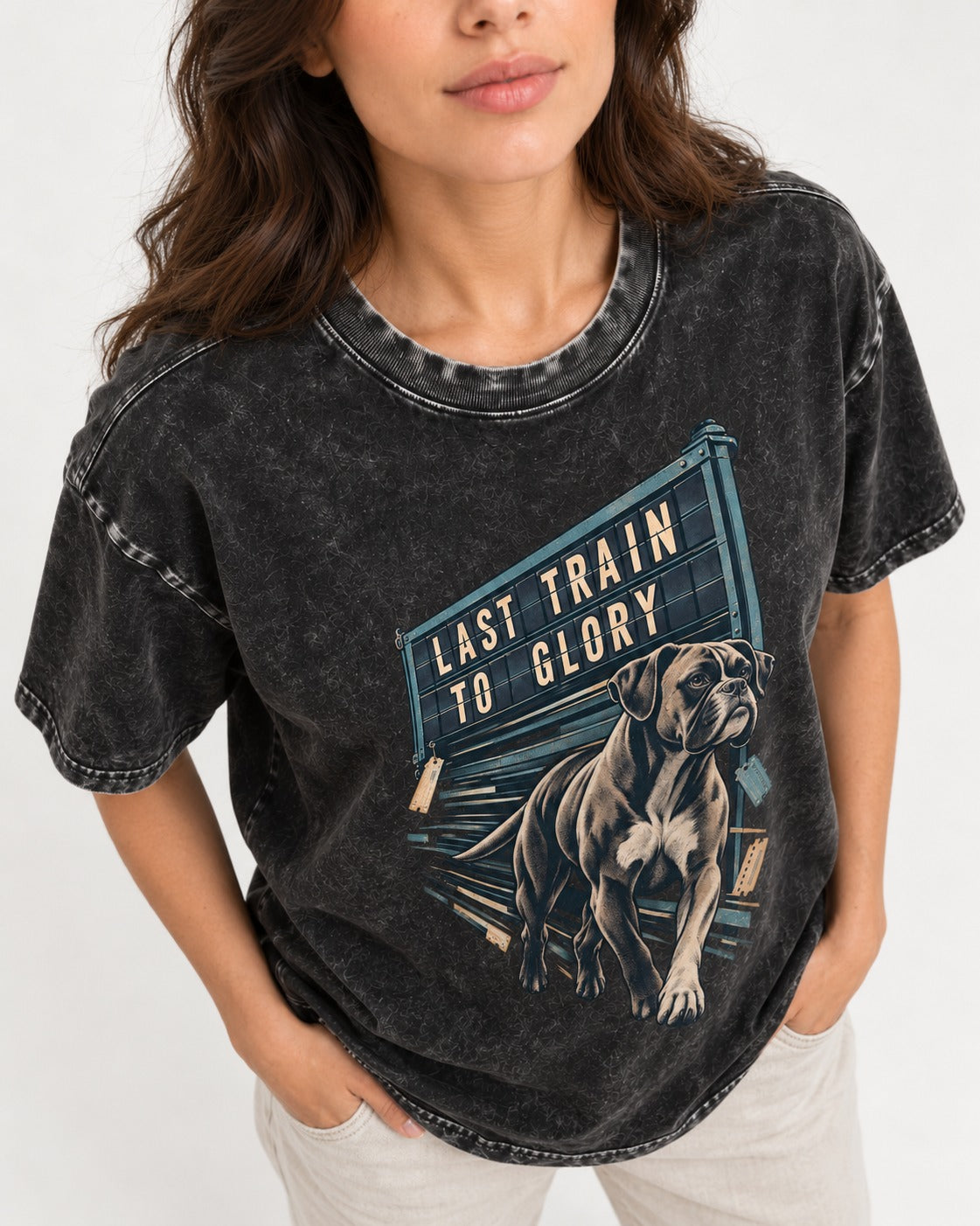Last Train to Glory Boxer Washed Tee in Black, worn by a model, front view