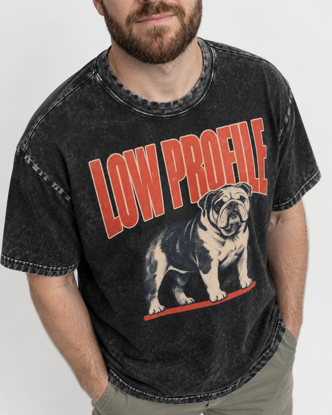 English Bulldog Low Profile Standing Graphic Washed Tee in Black, worn by a model, front view