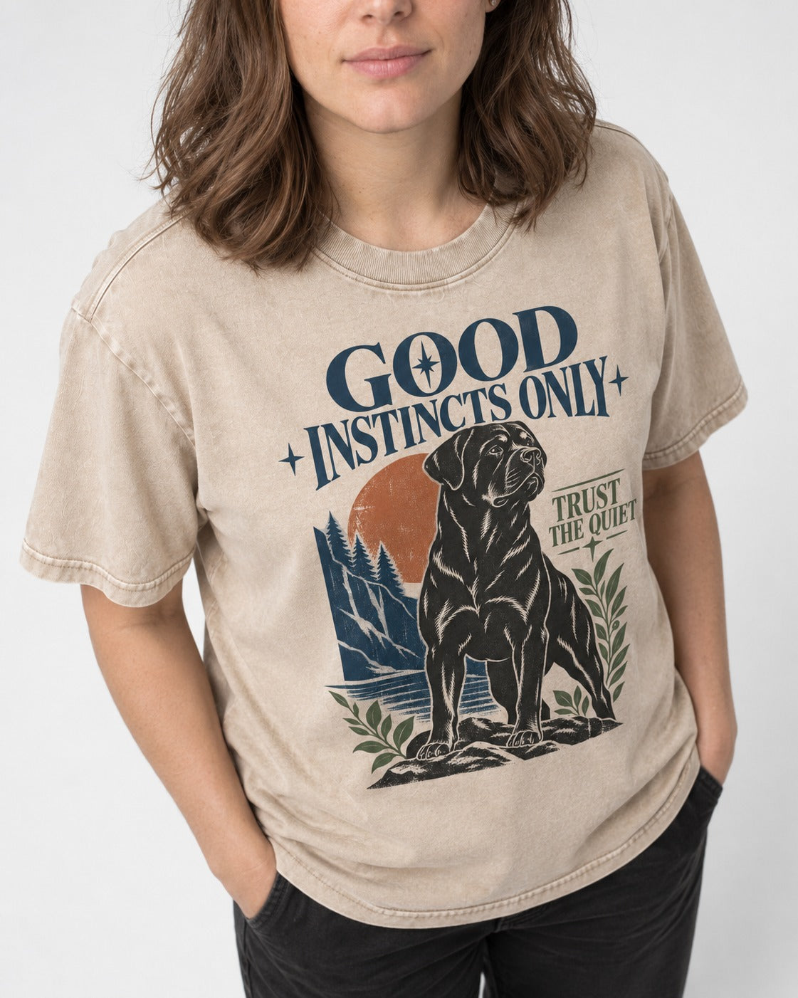 Good Instincts Only Rottweiler Washed Tee in Apricot, worn by a model, front view