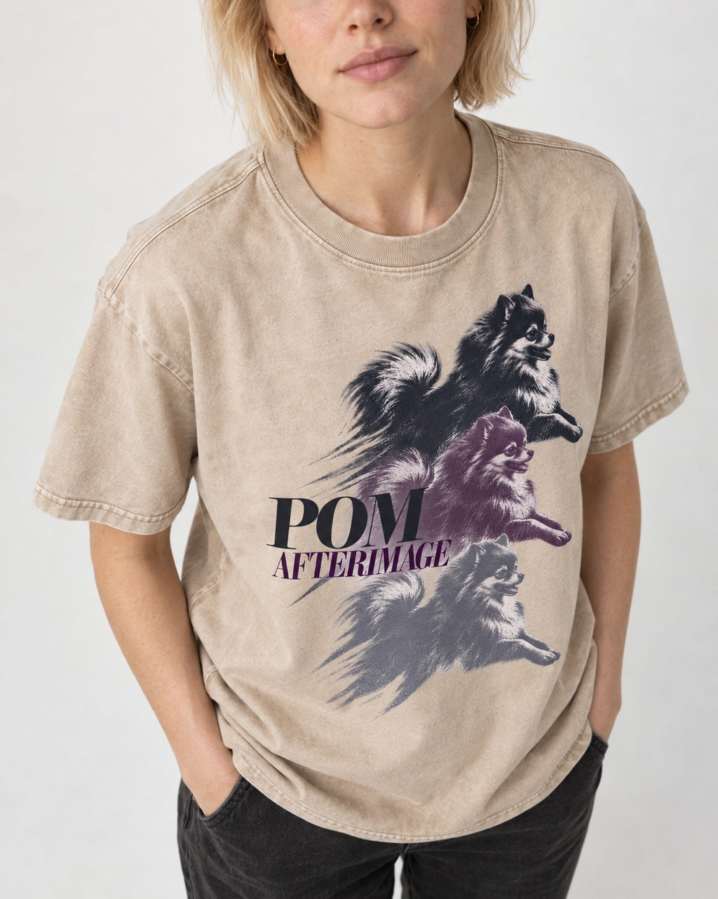 Pomeranian Afterimage Washed Tee in Apricot, worn by a model, front view