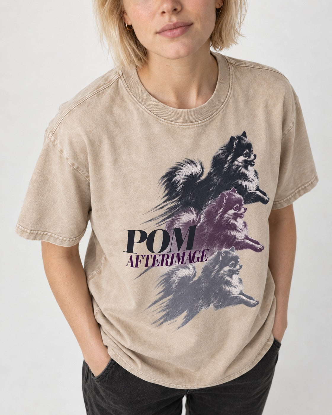 Pomeranian Afterimage Washed Tee in Apricot, worn by a model, front view