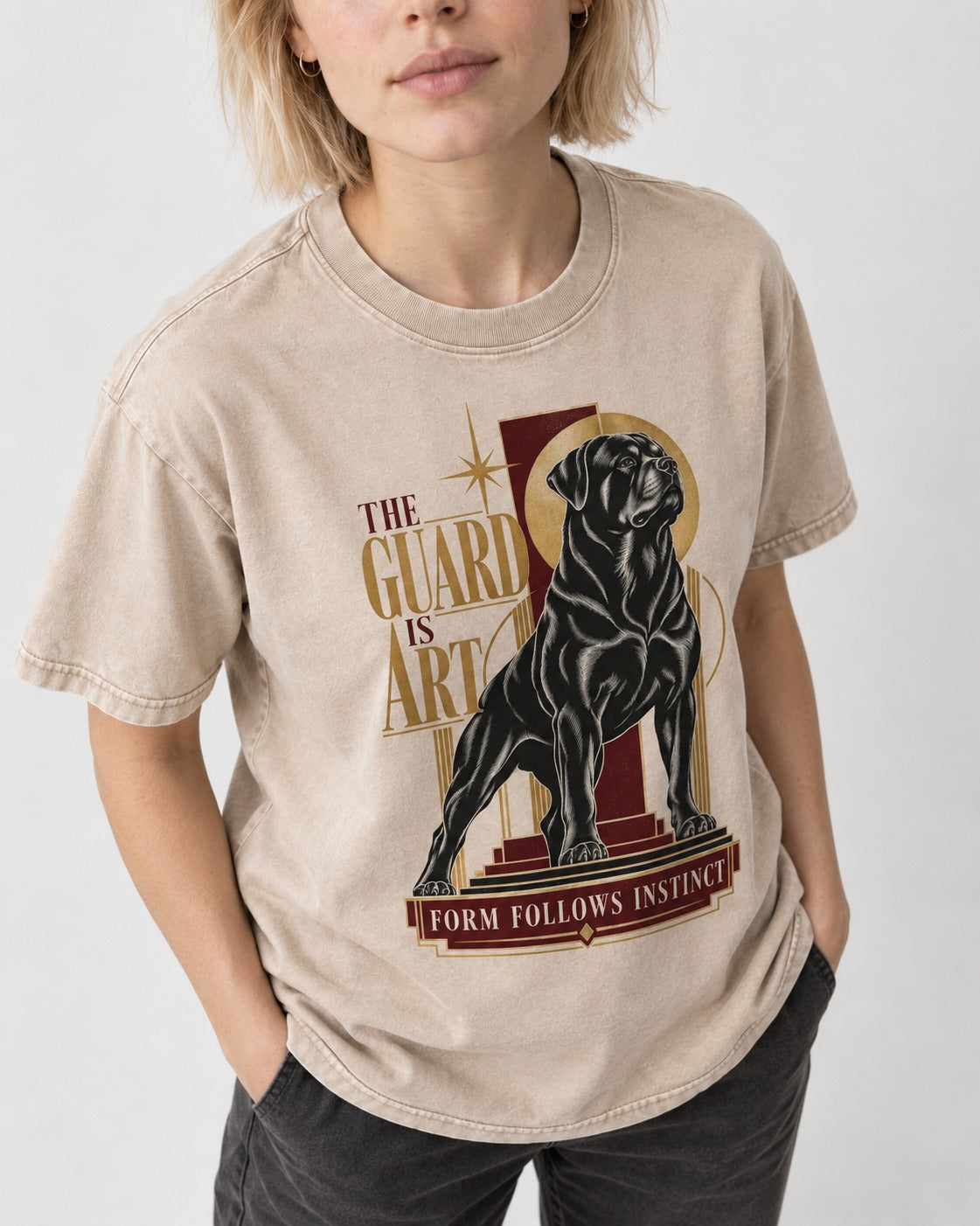 Rottweiler Form Follows Instinct Washed Tee in Apricot, worn by a model, front view