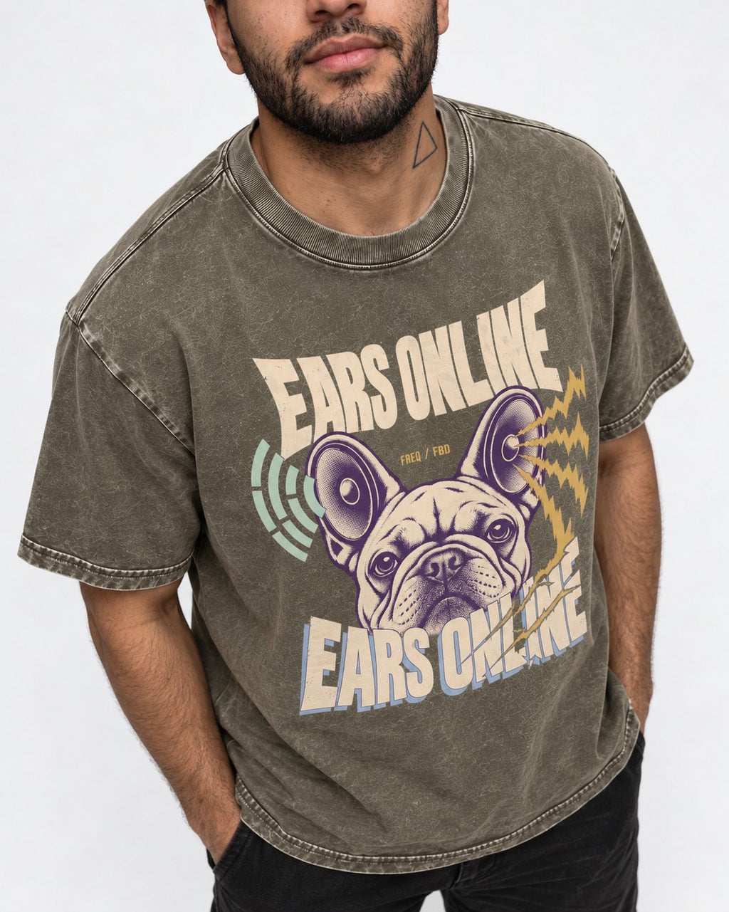 Frenchie Ears Online Audio Signal Graphic Washed Tee in Army Green, worn by a model, front view