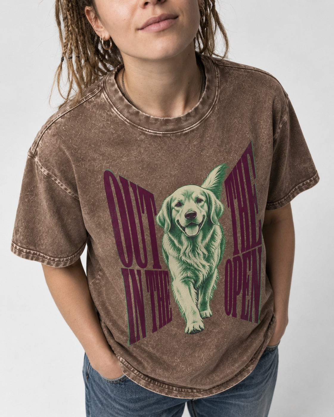 Golden Retriever Out in the Open Washed Tee in Coffee, worn by a model, front view