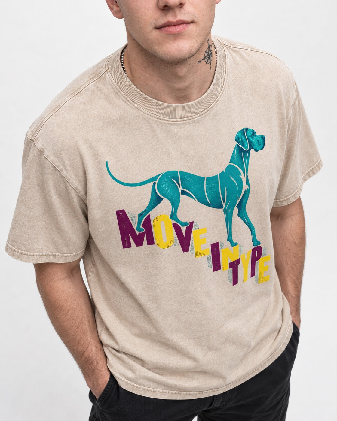 Great Dane Move in Type Washed Tee in Apricot, worn by a model, front view