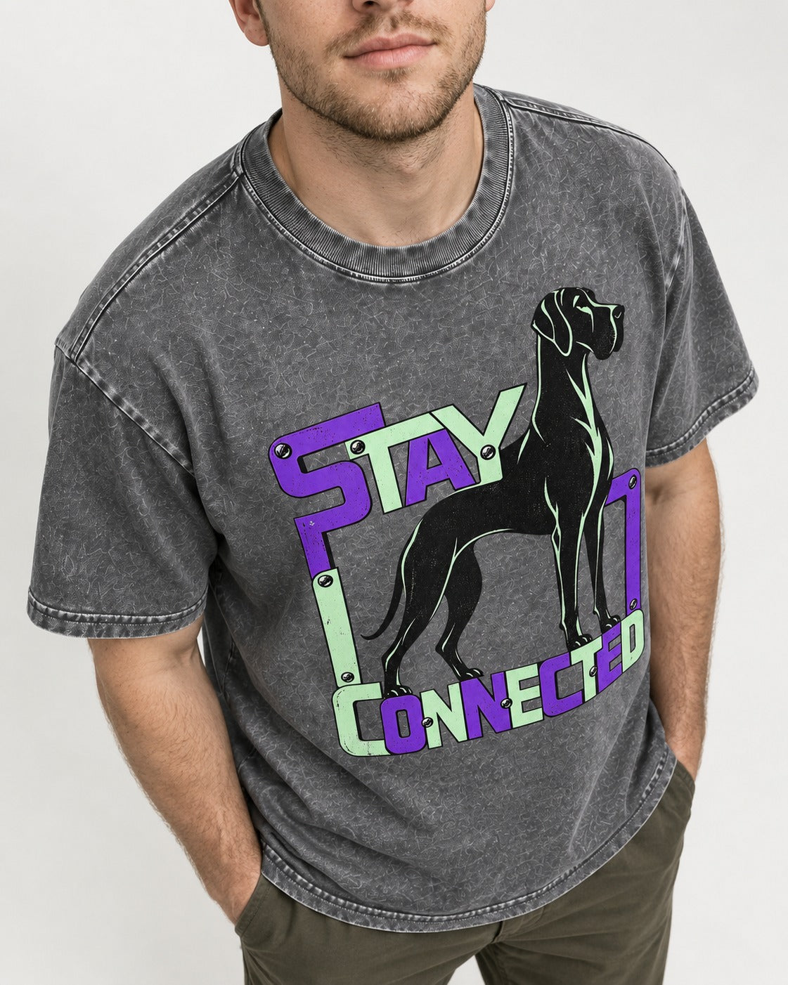 Great Dane Stay Connected Modular Frame Graphic Washed Tee in Gray, worn by a model, front view