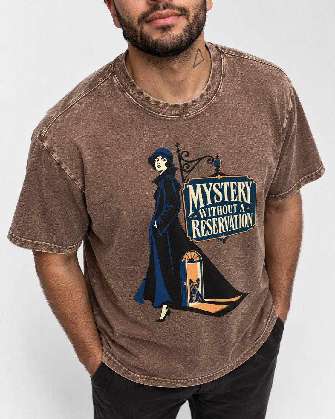 Mystery Without a Reservation Yorkshire Terrier Washed Tee in Coffee, worn by a model, front view