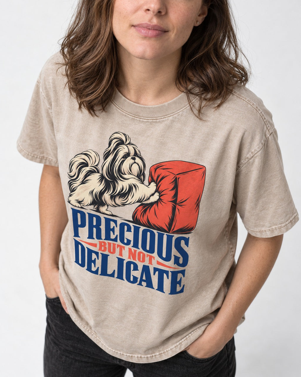 Precious but Not Delicate Shih Tzu Washed Tee in Apricot, worn by a model, front view