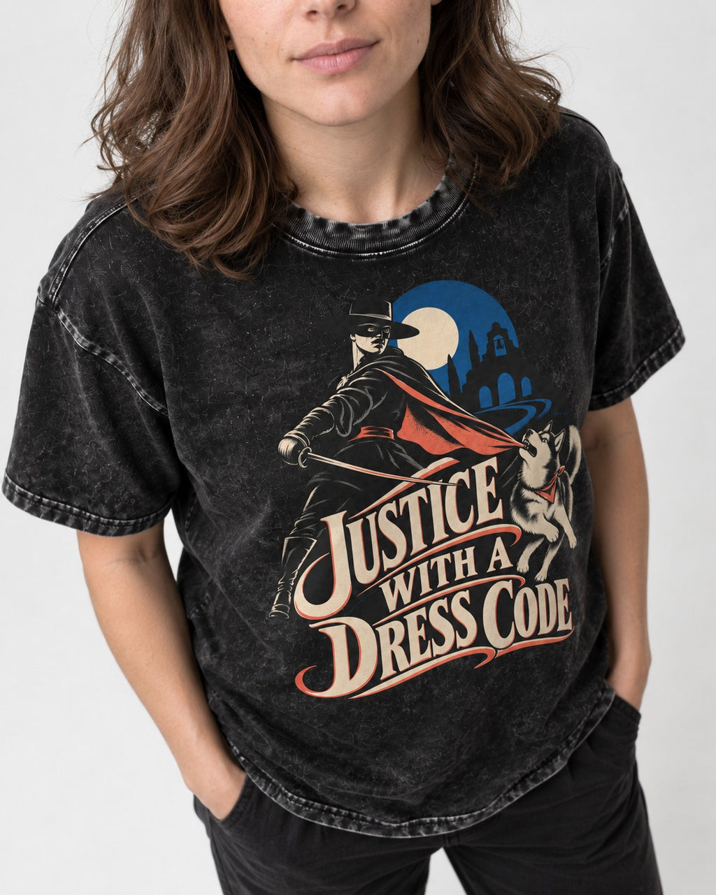 Husky Justice With A Dress Code Masked Swordsman Graphic Washed Tee in Black, worn by a model, front view