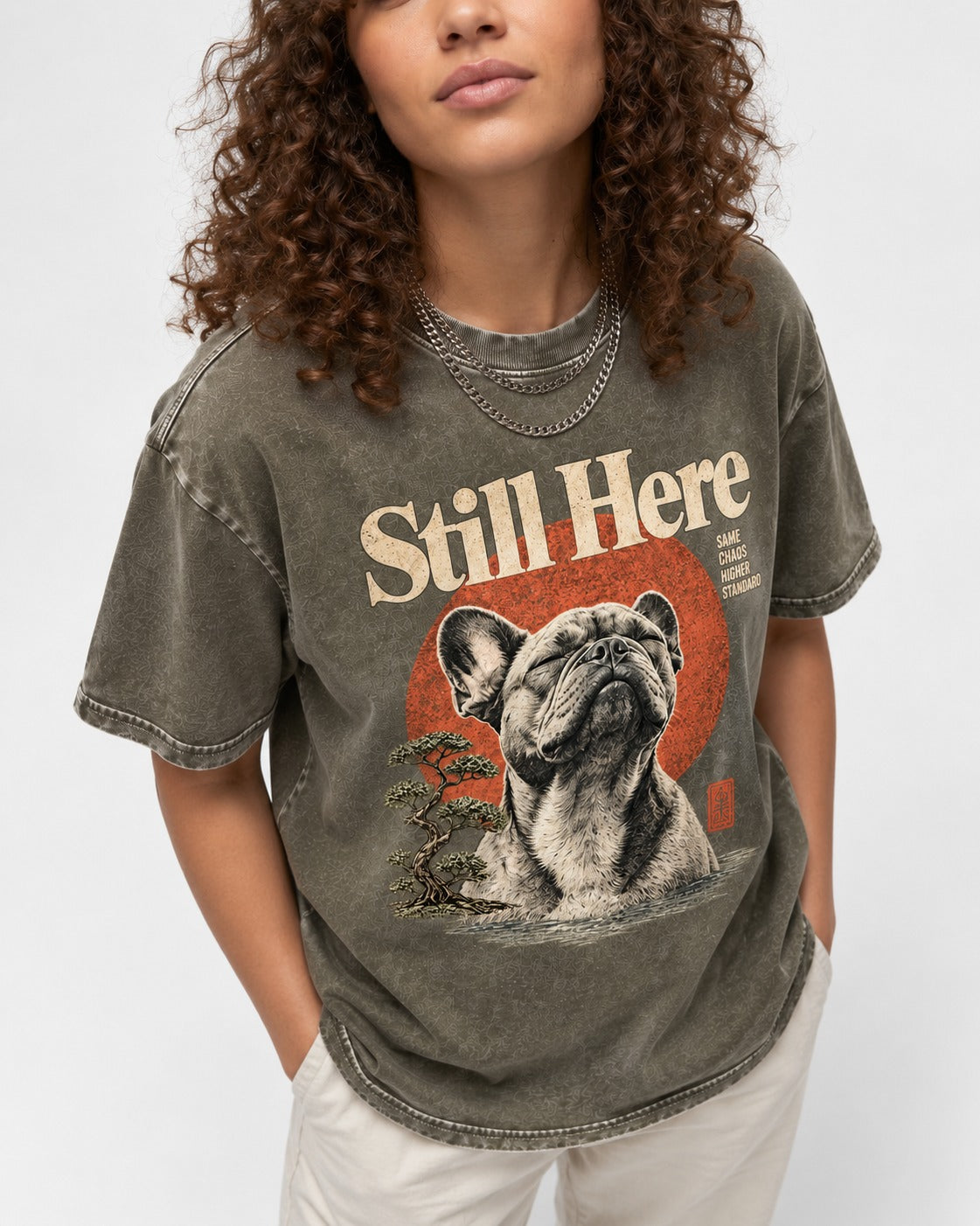 Frenchie Still Here Bonsai Portrait Graphic Washed Tee in Army Green, worn by a model, front view