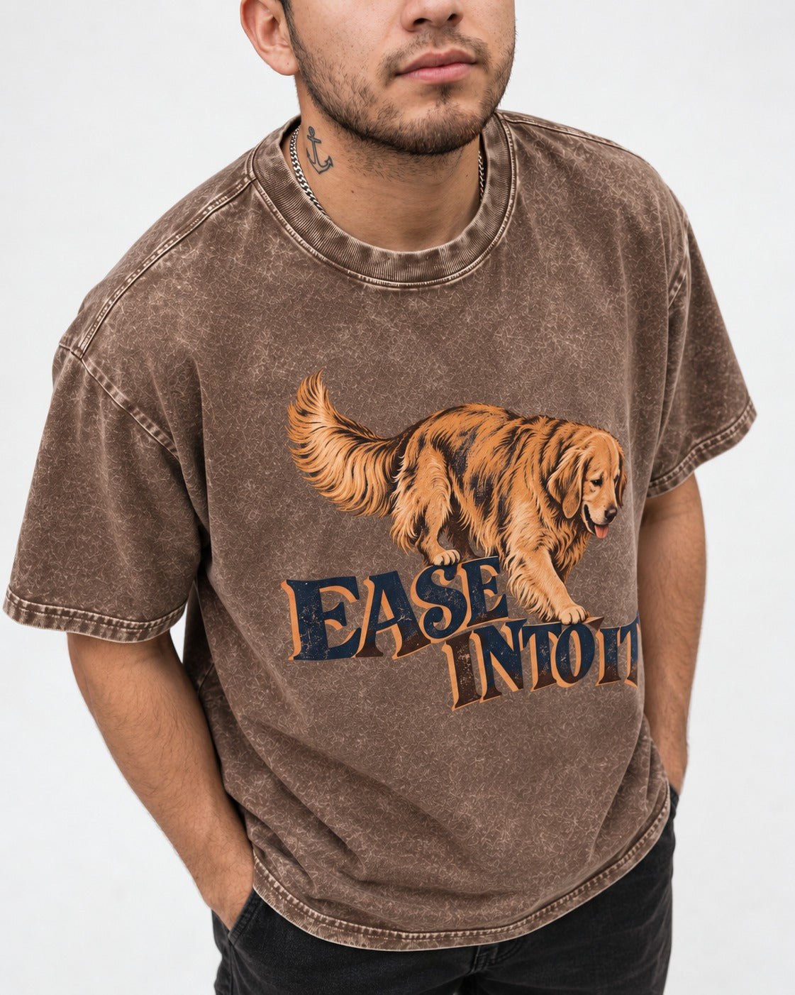 Golden Retriever Ease Into It Washed Tee in Coffee, worn by a model, front view