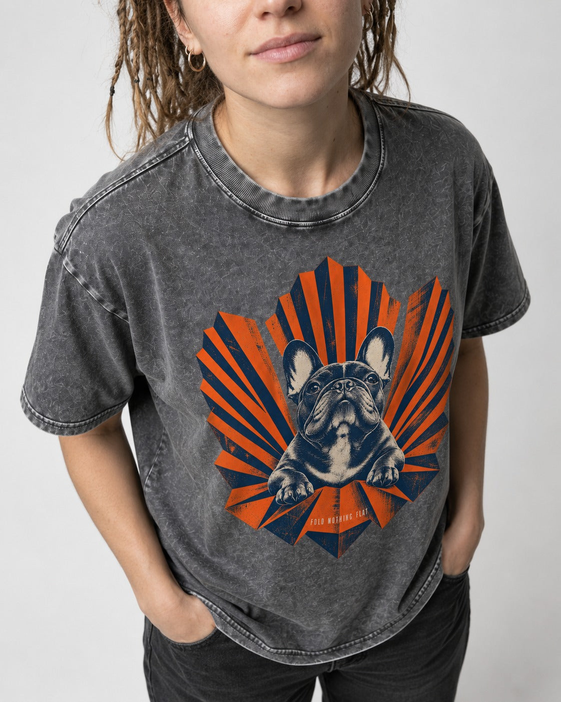 Frenchie Fold Nothing Flat Geometric Fan Graphic Washed Tee in Gray, worn by a model, front view