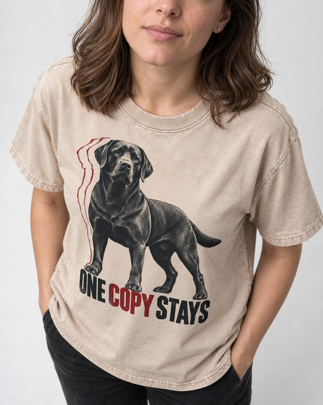 One Copy Stays Labrador Retriever Washed Tee in Apricot, worn by a model, front view