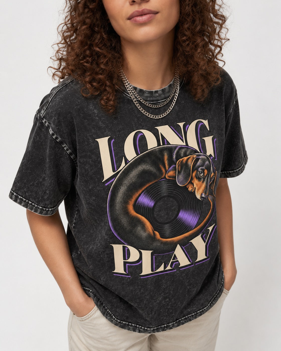 Dachshund Long Play Vinyl Record Graphic Washed Tee in Black, worn by a model, front view