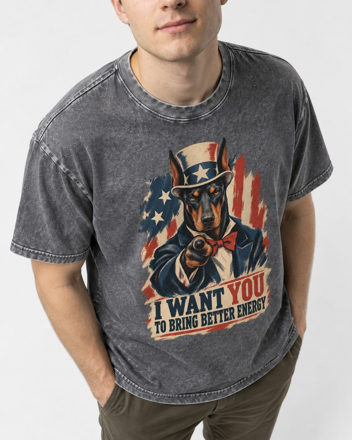 Doberman I Want You to Bring Better Energy Uncle Sam Graphic Washed Tee in Gray, worn by a model, front view