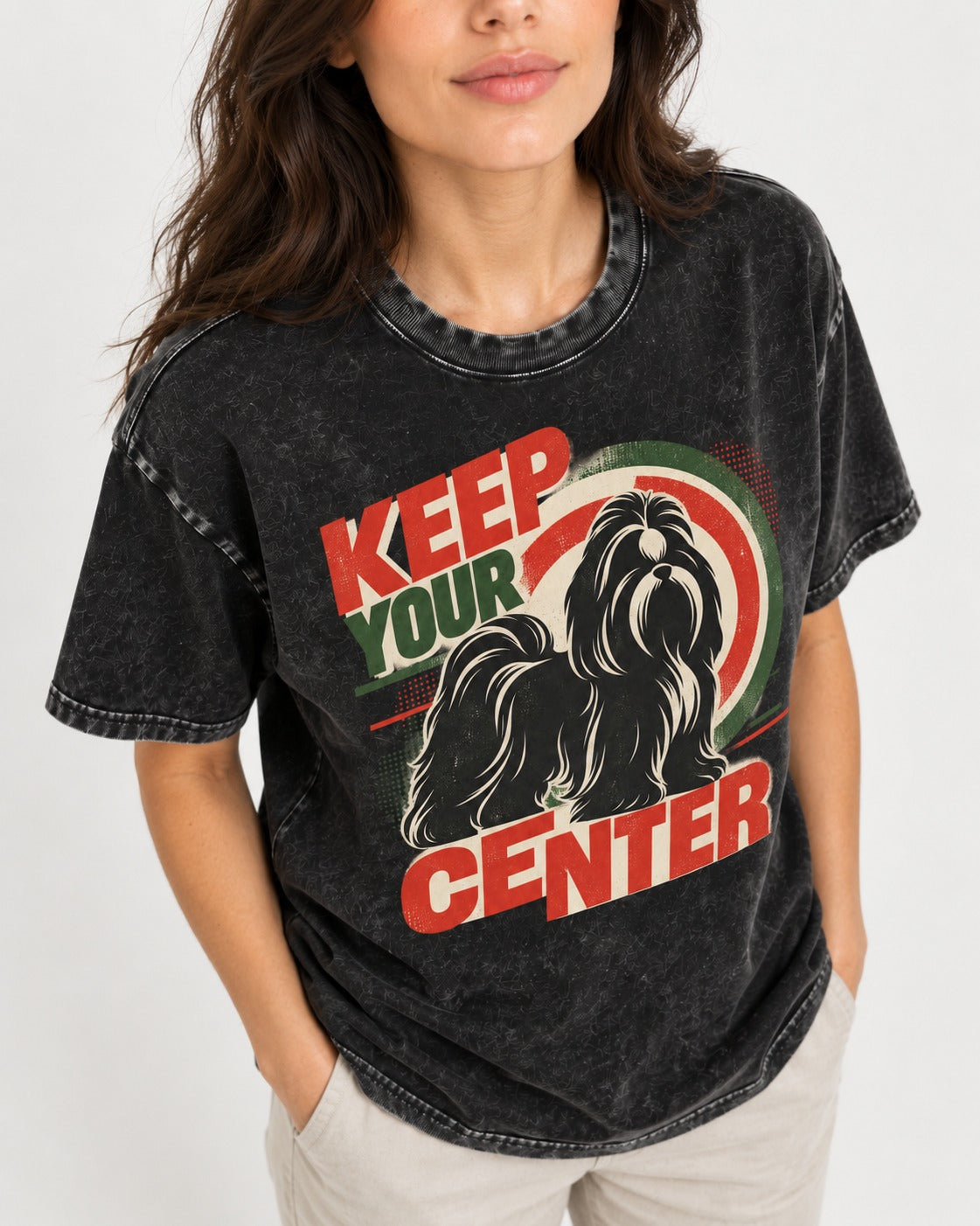 Shih Tzu Keep Your Center Retro Target Graphic Washed Tee in Black, worn by a model, front view