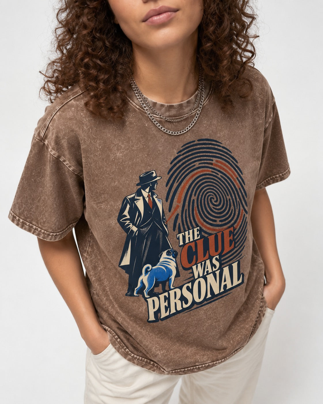 The Pug Clue Was Personal Washed Tee in Coffee, worn by a model, front view