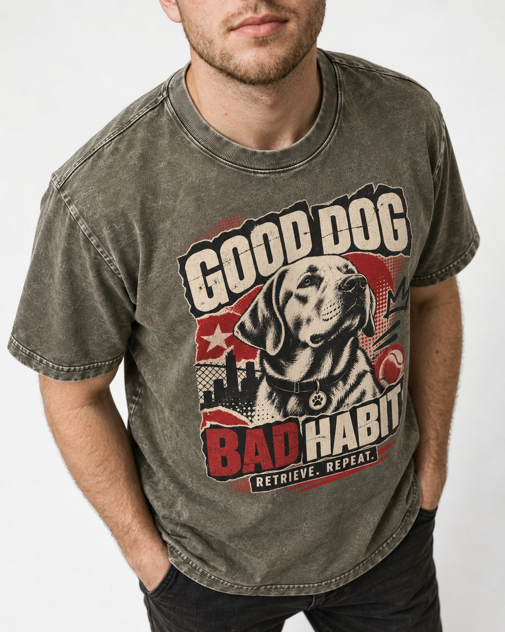 Labrador Retriever Good Dog Bad Habit Poster Graphic Washed Tee in Army Green, worn by a model, front view