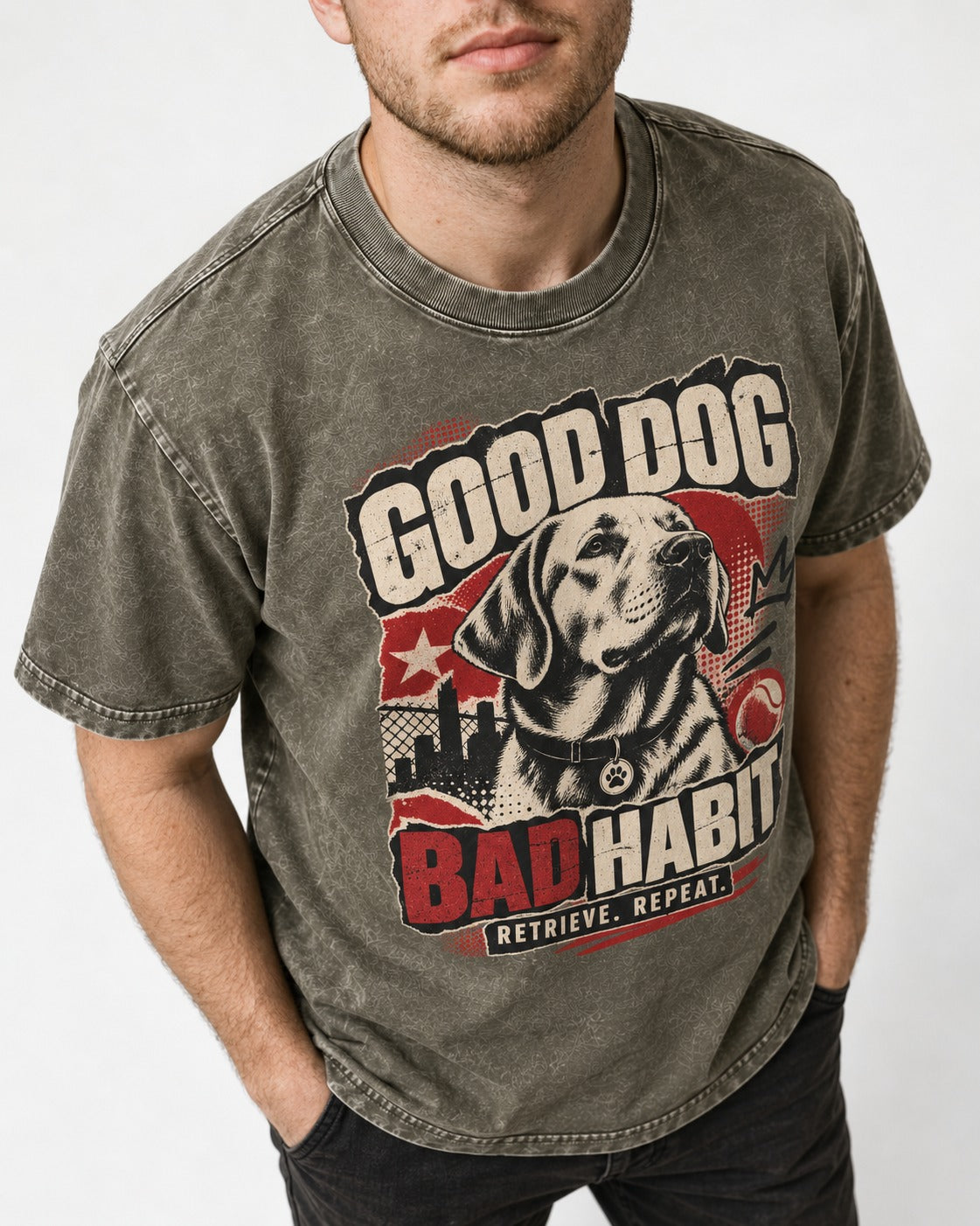 Labrador Retriever Good Dog Bad Habit Poster Graphic Washed Tee in Army Green, worn by a model, front view