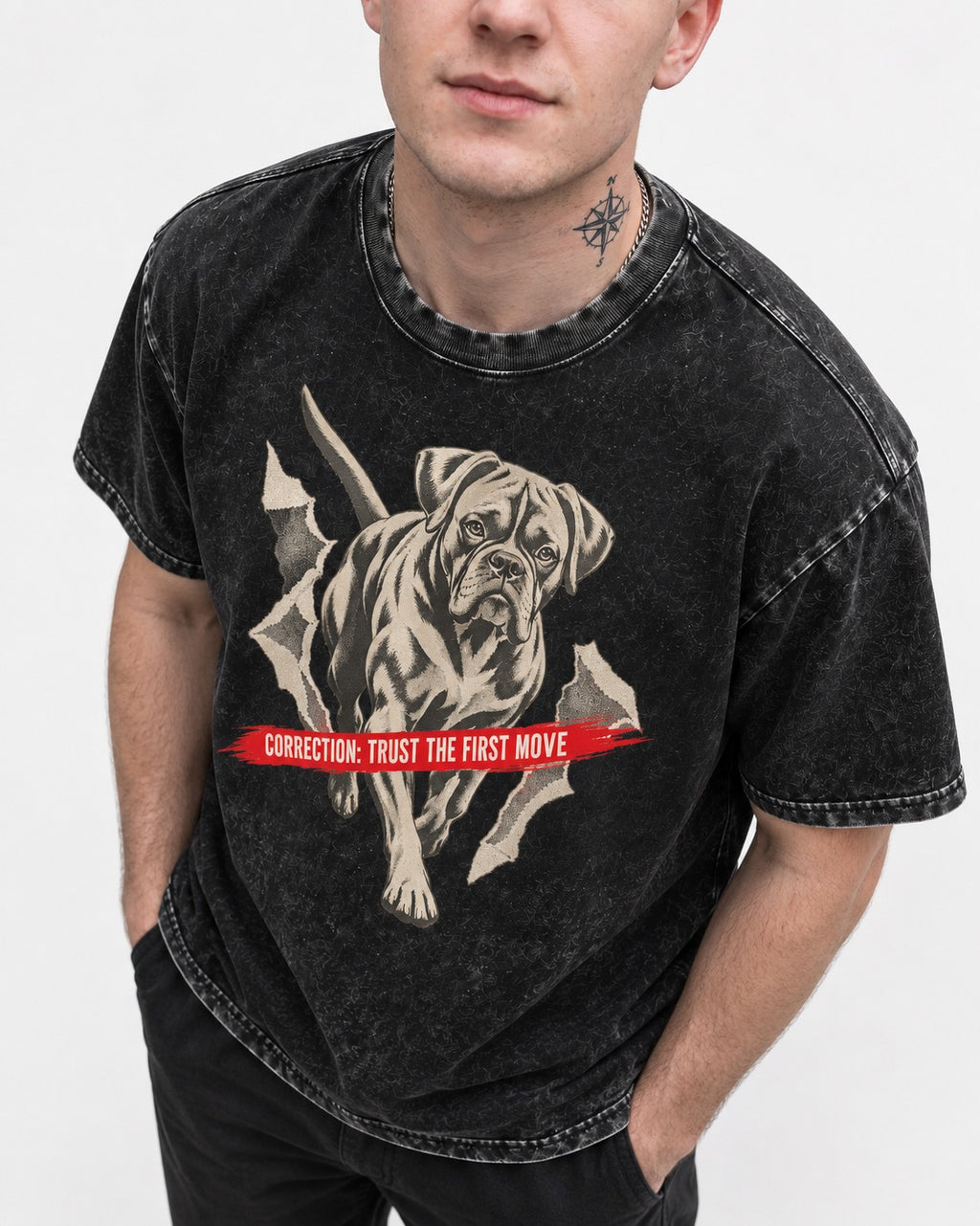 Mastiff Mismatch Boxer Needs Review Washed Tee in Black, worn by a model, front view