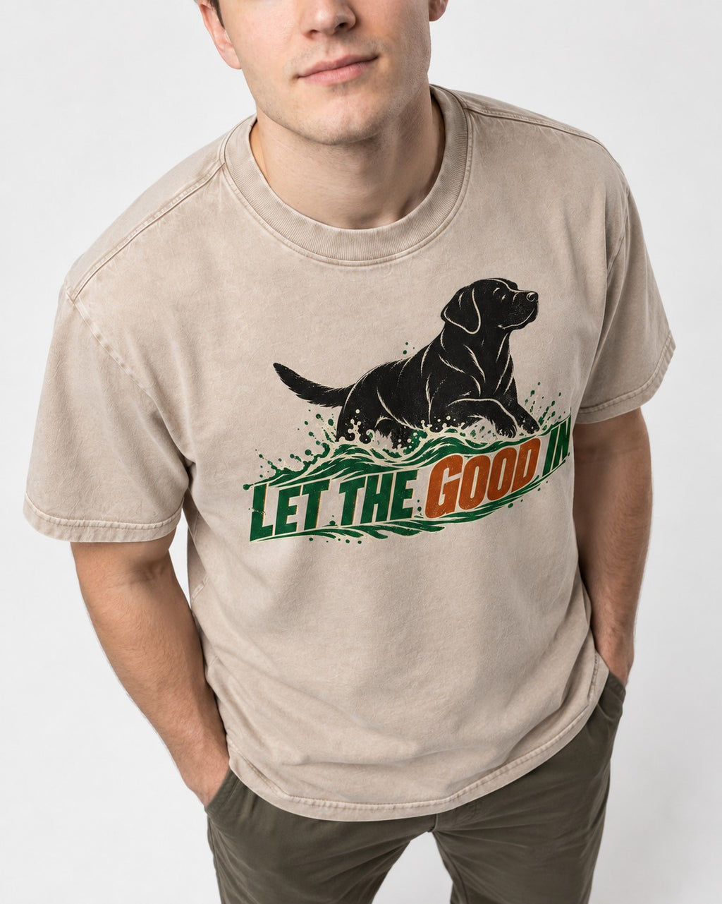 Labrador Retriever Let the Good In Washed Tee in Apricot, worn by a model, front view
