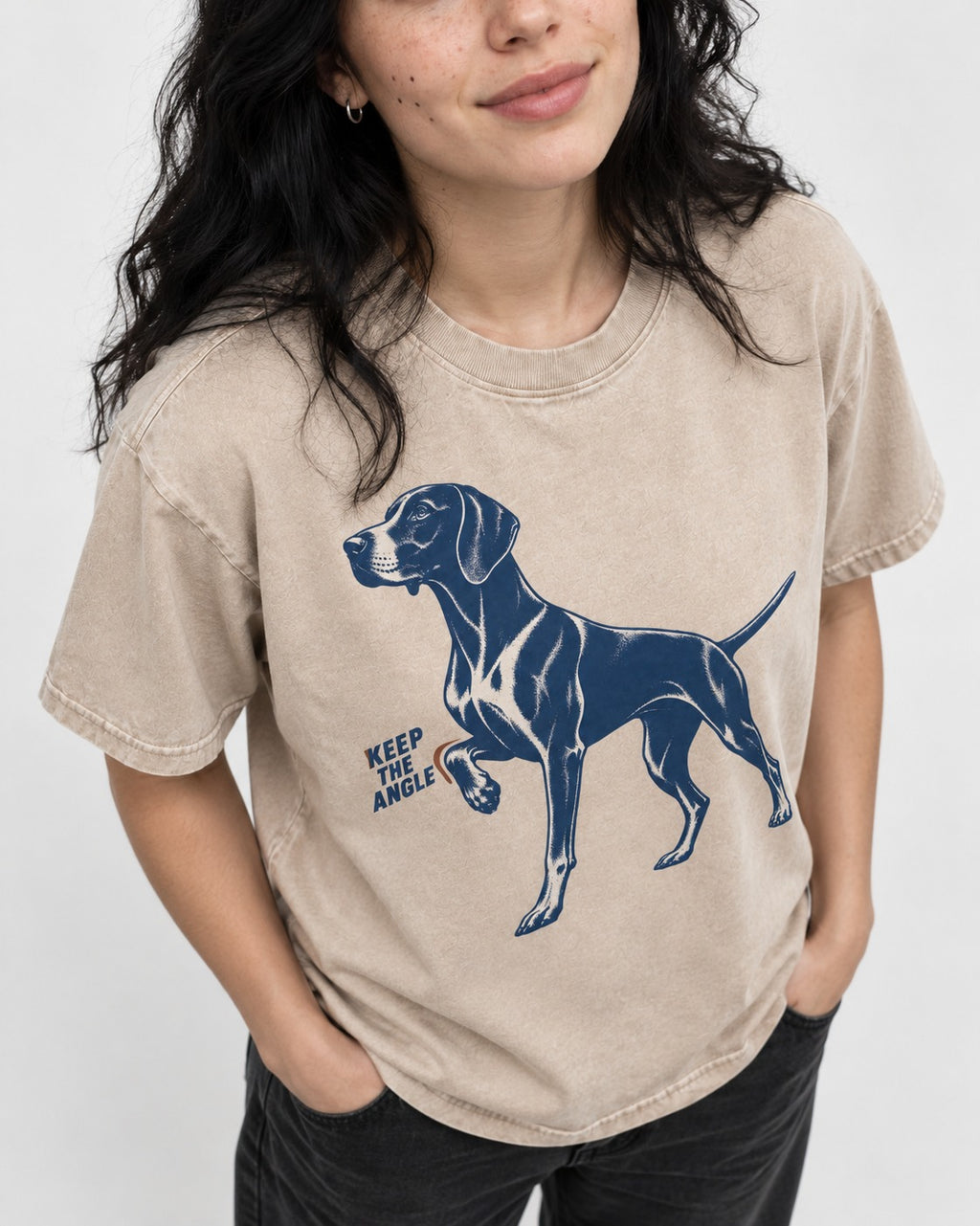 Keep the Angle German Shorthaired Pointer Washed Tee in Apricot, worn by a model, front view