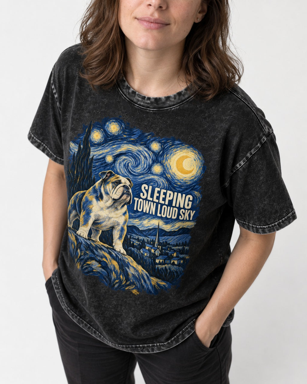 English Bulldog Sleeping Town Loud Sky Starry Night Graphic Washed Tee in Black, worn by a model, front view