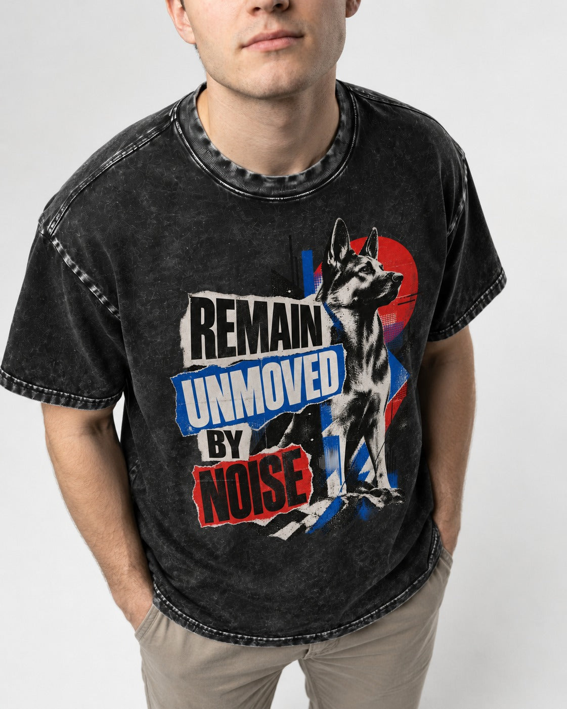 Remain Unmoved By Noise Brutalist Collage German Shepherd Dog Graphic Washed Tee in Black, worn by a model, front view